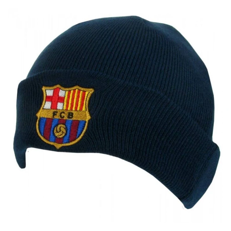 Image of FC Barcelona Mens Embroidered Logo Knitted Beanie Hat with Turned Up Cuff in Navy Navy Male One Size