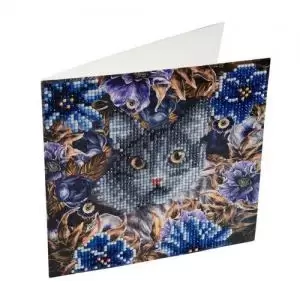Image of Crystal Art Cat and Flowers 18 x 18cm Card CCK-A4 10208CB