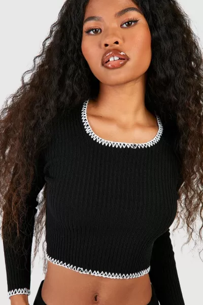 Image of Blanket Stitch Square Neck Rib Knit Jumper