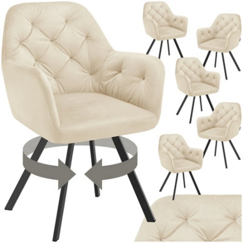 Image of Tectake Set Of 6 Armchair Lucia - Padded, Quilted Pattern, 180 Degree Swivel Chair - Cream