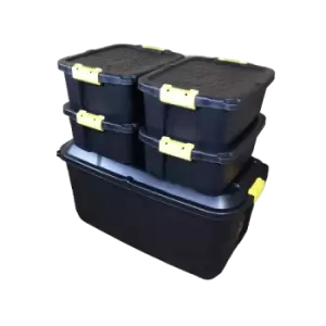 Image of 1 x 145L AND 4 x 24L Heavy Duty Trunks 1 on Wheels Sturdy, Lockable, Stackable and Nestable Design Storage Chest with Clips in Black