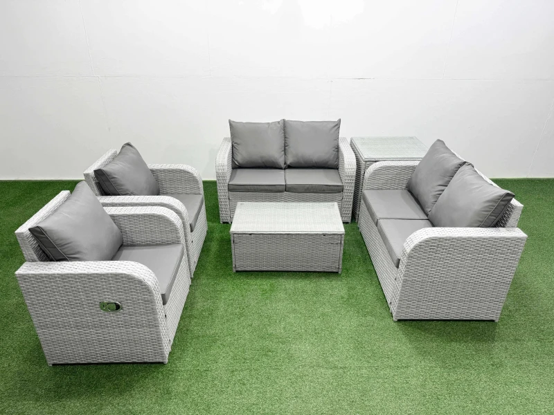Image of Fimous 6 Seater Outdoor Reclining Chair Love Sofa Set Rattan Garden Furniture Set with Rectangular Coffee Table Side Table Light Grey Light Grey