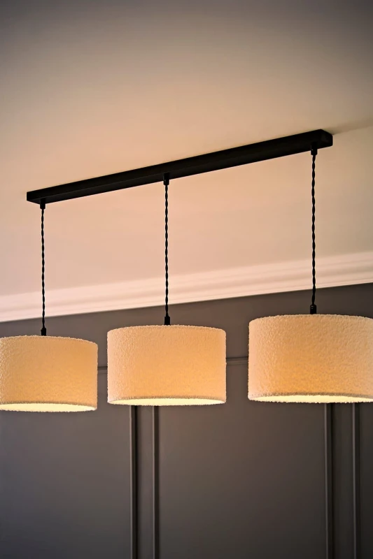 Image of ValueLights ValueLights Reni Cream Boucle Drum Shade 3 Drop Bar Black Diner Ceiling Light with LED Bulbs Cream One Size Unisex 5059406063947