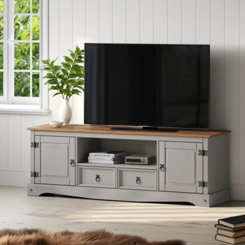 Image of Mercers Furniture Corona Grey Wax Large Widescreen TV Unit 2 Door 2 Drawer Media Unit Solid Pine With Mexican Styling, Grey 2TONE120
