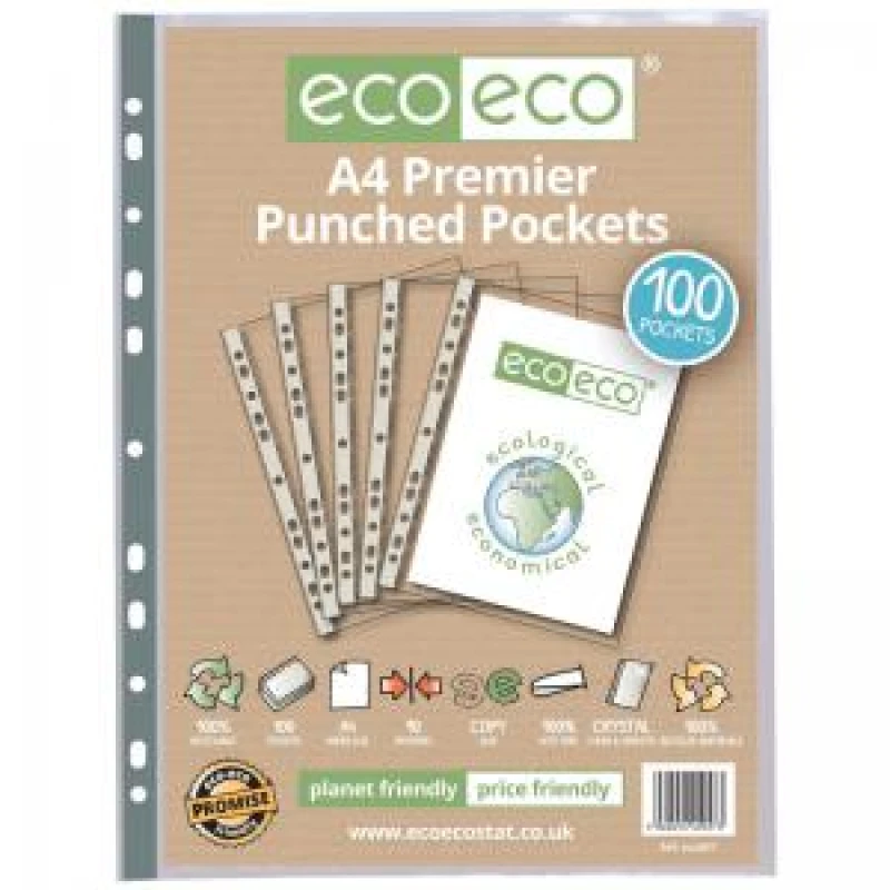 Image of Eco Eco 100% Recycled Premier Punched Pocket A4 Clear (100 Pack) eco057-S