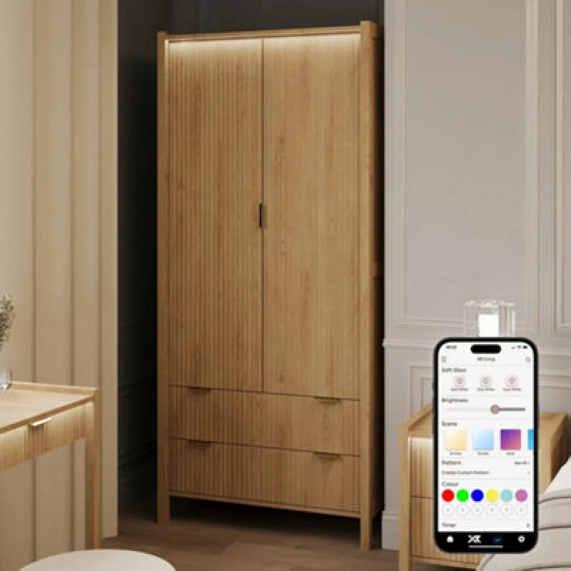 Image of X Rocker Xr Living Dakota Two Door Wardrobe With Two Drawers And App Controlled LED Lights - Wild Oak