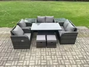 Image of Fimous 6 Seater Outdoor Dark Grey Rattan Lounge Complete Sofa Set with Height Adjustable Rising Lifting Table and 2 Side Table Stools