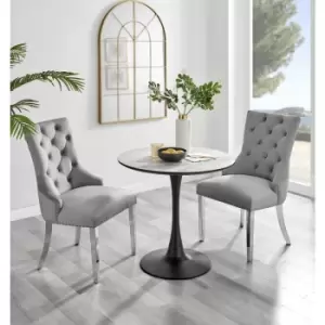 Image of Furniturebox Elina White Marble Effect Modern 80cm Round Dining Table & 2 Grey Belgravia Velvet Chairs
