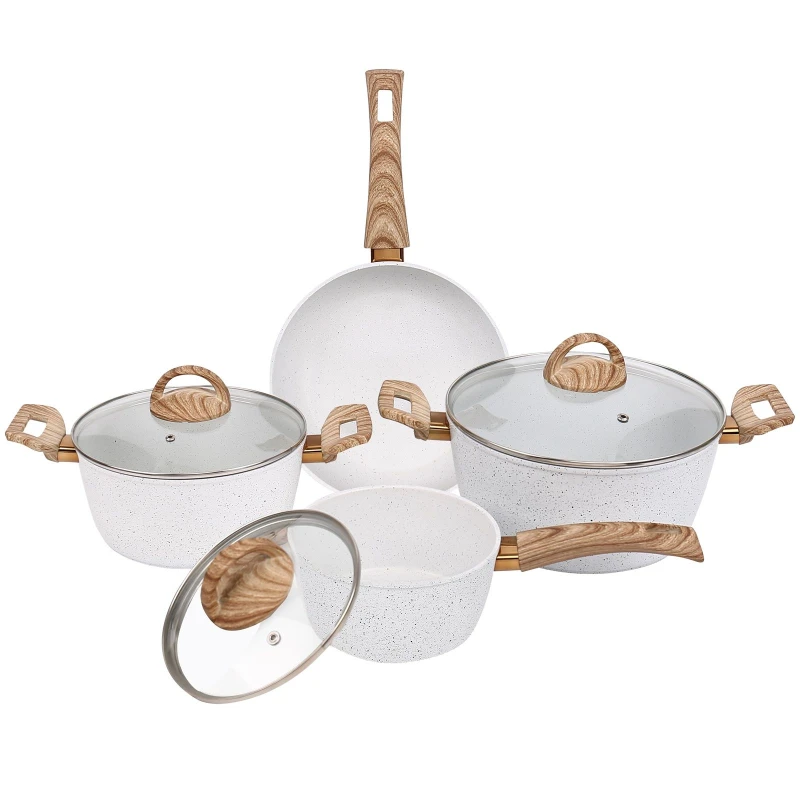 Image of Gr8 Home Coconut Aluminium 7 Pcs Induction Non Stick Frying Pan Saucepan Pot Cookware Set White