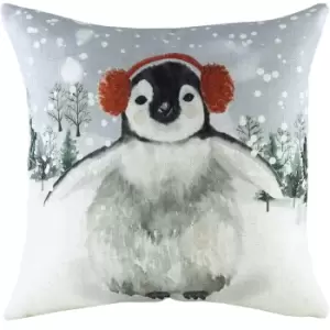 Image of Evans Lichfield Snowy Penguin With Earmuffs Cushion Cover (One Size) (Multicoloured)