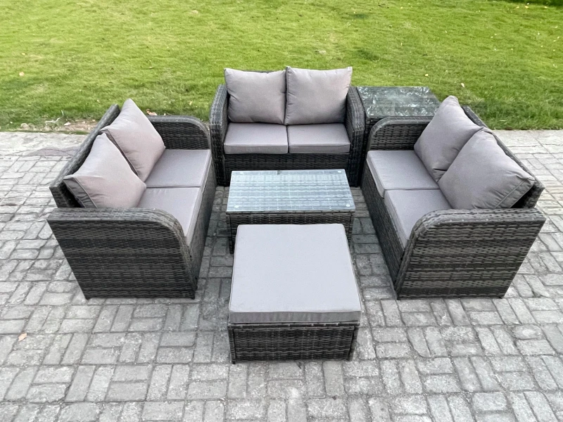 Image of Fimous Outdoor Garden Furniture Sets 7 Seater Wicker Rattan Furniture Sofa Sets with Rectangular Coffee Table Love Sofa Big Footstool Side Table Dark