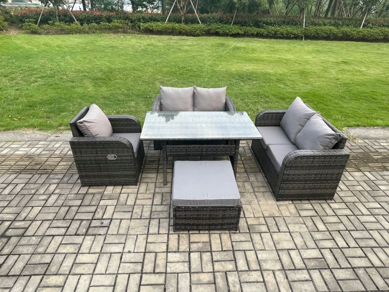 Image of Fimous Lounge Rattan Sofa Set Outdoor Garden Furniture Oblong Rectangular Dining Table With Chairs Big Footstool Dark Grey Mixed Dark Grey Unisex