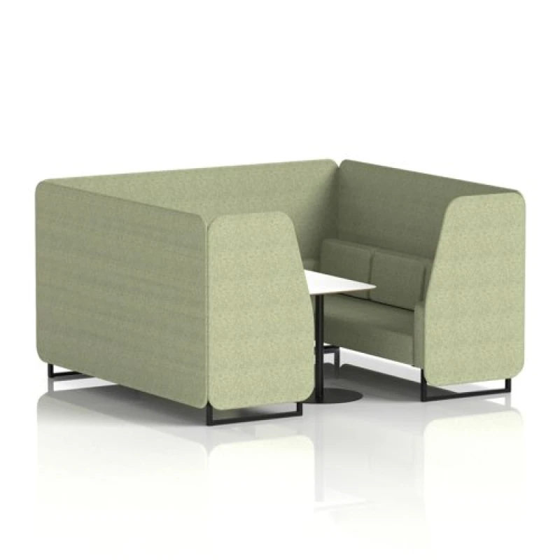 Image of Brixworth 6 Seater Office Booth with Front Panel - Black Legs and White Table with Black Leg in Rivet Fabric - Burnish Panels and Sofa