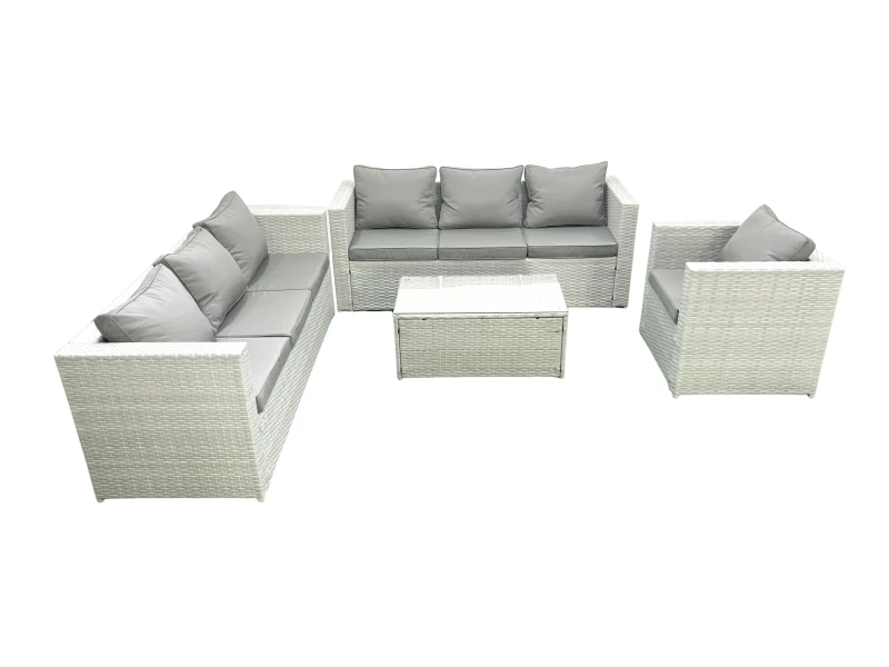 Image of Fimous Wicker PE Rattan Sofa Garden Furniture Set with Armchair Oblong Coffee Table Light Grey Mixed Light Grey
