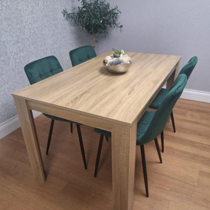 Image of KOSY KOALA Dining Set of 4 Oak Effect Dining Table and 4 Green Velvet Chairs Dining Room Furniture Beige