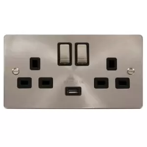 Image of Click Scolmore Define Brushed Steel 2 Gang USB Outlet Switch 13A With Black Ingot - FPBS570BK