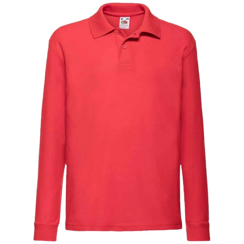 Image of Fruit of the Loom Long Sleeve Pique Polo Shirt in Red Size: 12-13 Years Red Unisex 12-13 Years