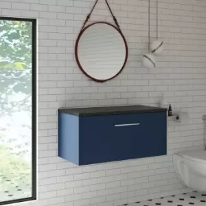 Image of Juno Wall Hung 1-Drawer Vanity Unit with Sparkling Black Worktop 800mm Wide - Electric Blue - Hudson Reed