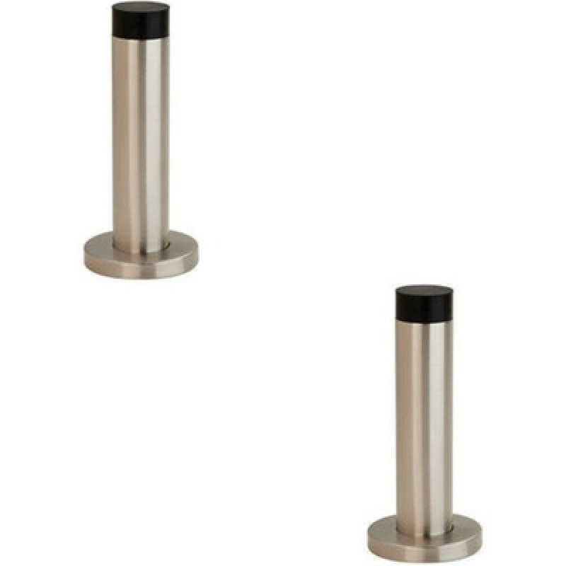 Image of Loops 2x Wall Mounted Doorstop Cylinder on Rose Rubber Tip 102 x 22mm Satin Steel Metallics