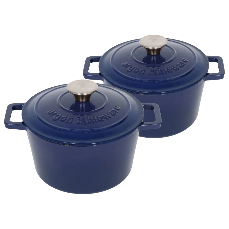 Image of Argon Tableware 2x Round Cast Iron Casserole Dishes with Self Basting Lid - 2.8L in Blue Blue Unisex