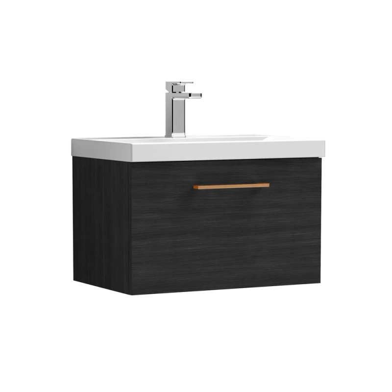 Image of Balterley 600mm Wall Hung 1 Drawer Vanity Unit, Woodgrain Black, Copper Handle in Black Unisex