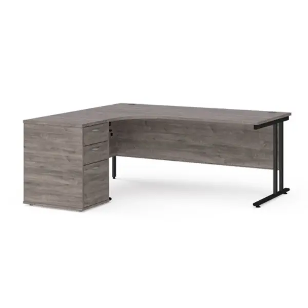 Image of Maestro 25 left hand ergonomic desk 1800mm with Black cantilever frame and desk high pedestal - grey oak