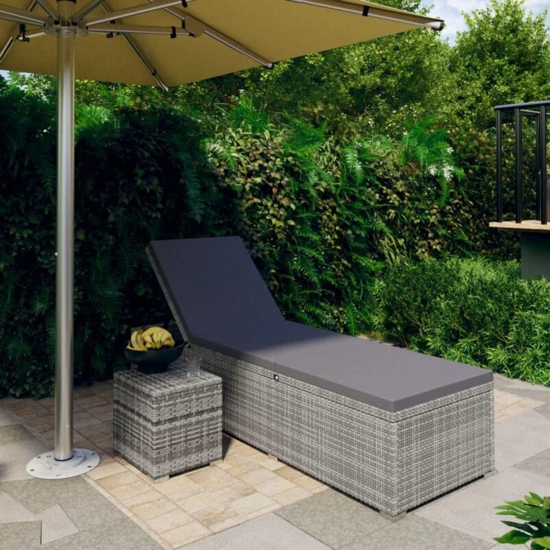 Image of VIDAXL Sun Lounger with Cushion and Tea Table Poly Rattan Grey Vidaxl 8720286663646