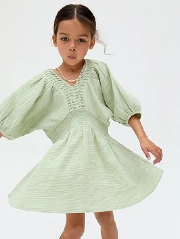Image of Raffya Kids Soipoi Ruched V-Neck Dress In Green Green female 7 Yrs