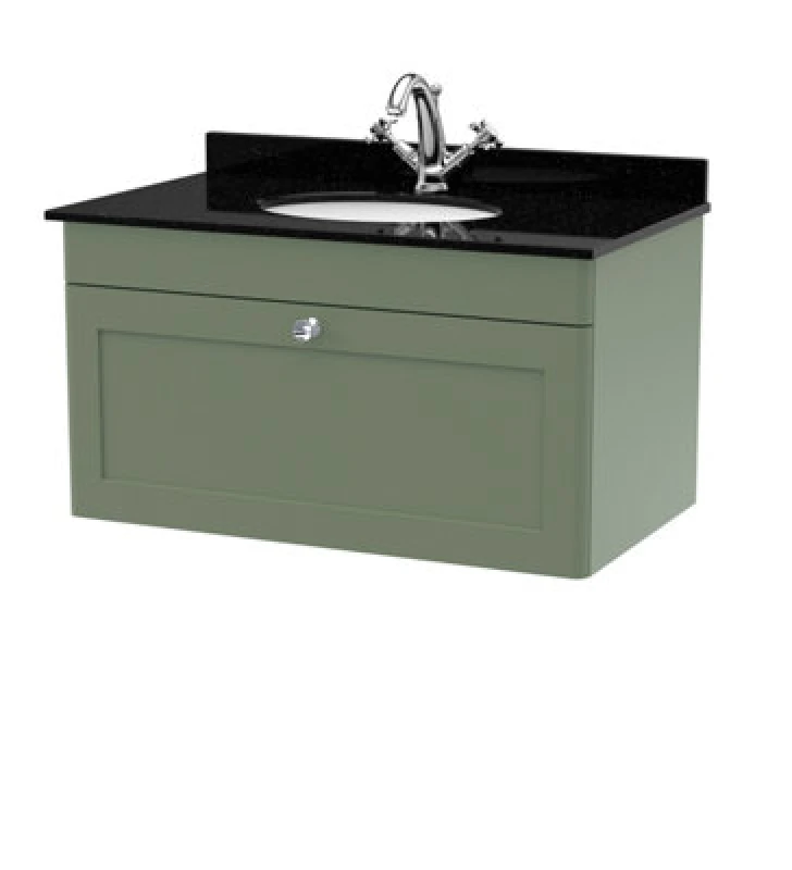 Image of nuie 800mm Wall Hung 1 Drawer Vanity & Marble Top 1TH - Satin Green CLC896BR1