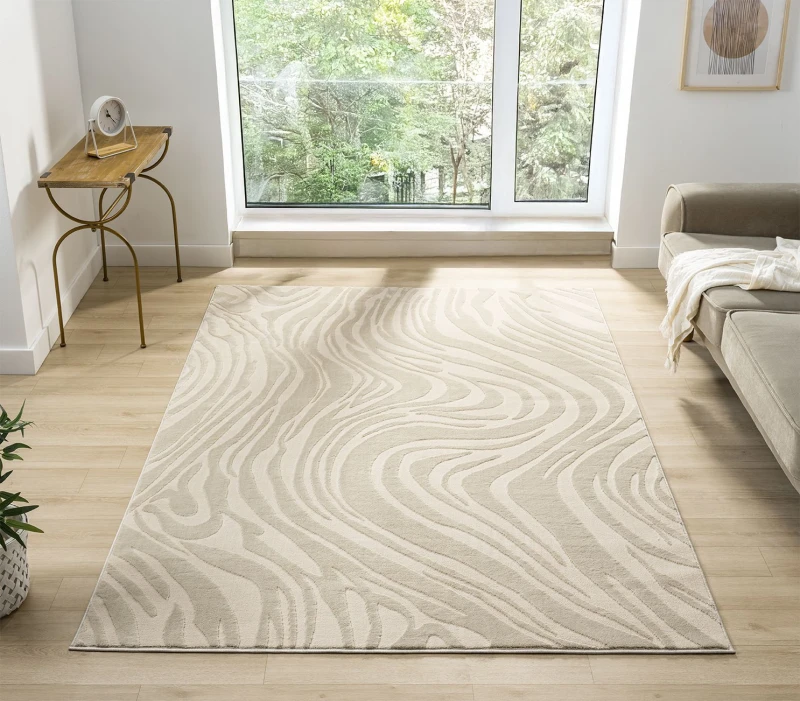 Image of Vellure Modern Indoor Living Room Area Rug Embossed Metallic Sheen Marble Design Cream 200X290 Cm