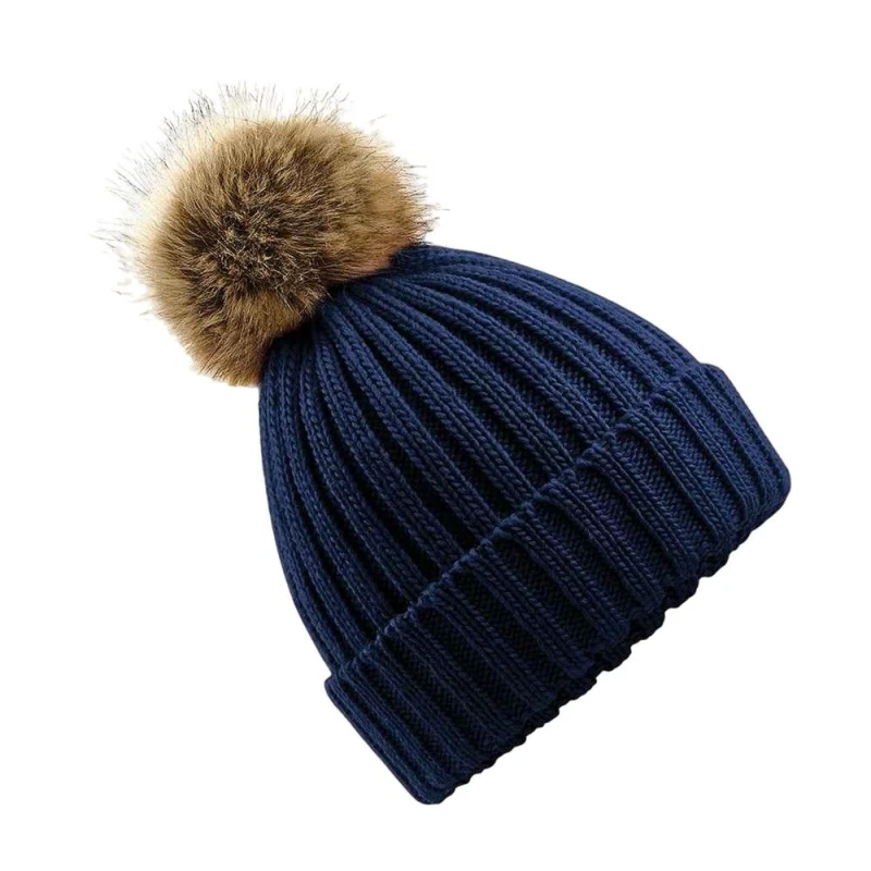 Image of Beechfield Beechfield Fur Pop Pom Chunky Beanie in Navy Navy One Size Unisex 5063470759170
