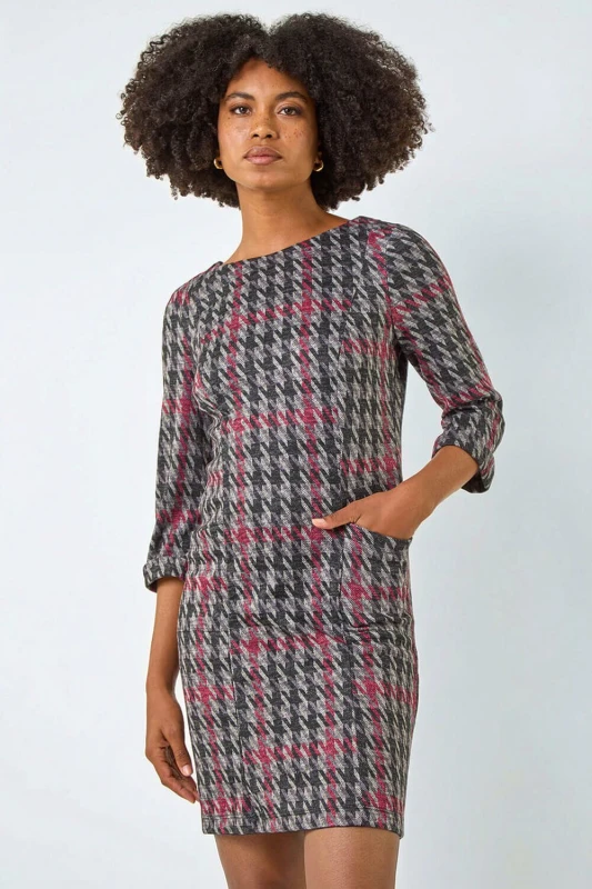 Image of Roman Womens Houndstooth Pocket Shift Stretch Dress in Red Size: 10 Red Female 10