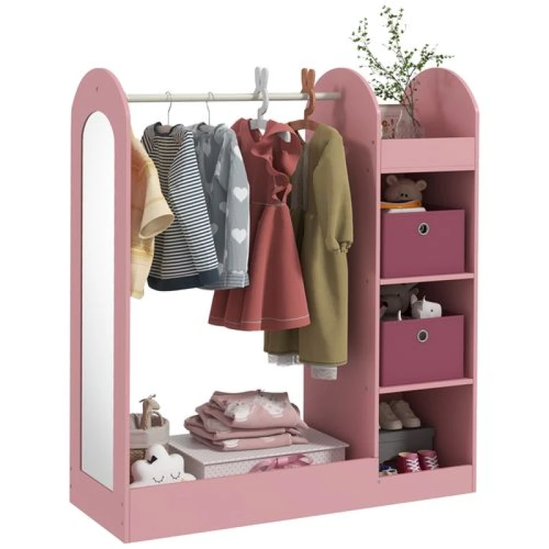 Image of Aiyaplay Kids Cloth Rail With Storage Shelf, Boxes, Mirror For Bedroom, Pink 316-016V80PK
