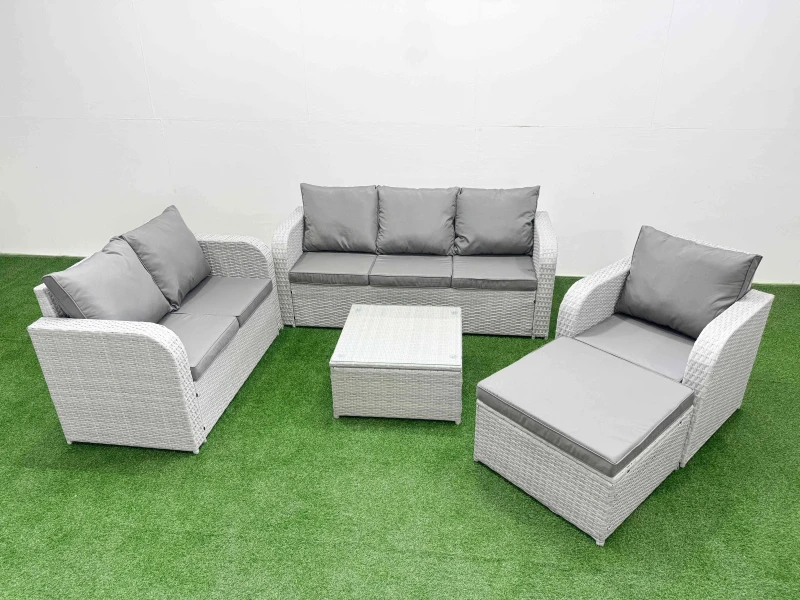 Image of Fimous Patio PE Wicker 7 Seater Outdoor Rattan Furniture Sofa Sets with Square Coffee Table Reclining Chair Loveseat Sofa 3 Seater Sofa Big Footstool