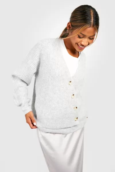 Image of Boohoo Asymmetric Button Knit Cardigan - Silver