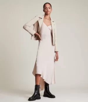 Image of AllSaints Womens Dalby Leather Biker Jacket, Ivory White, Size: 8