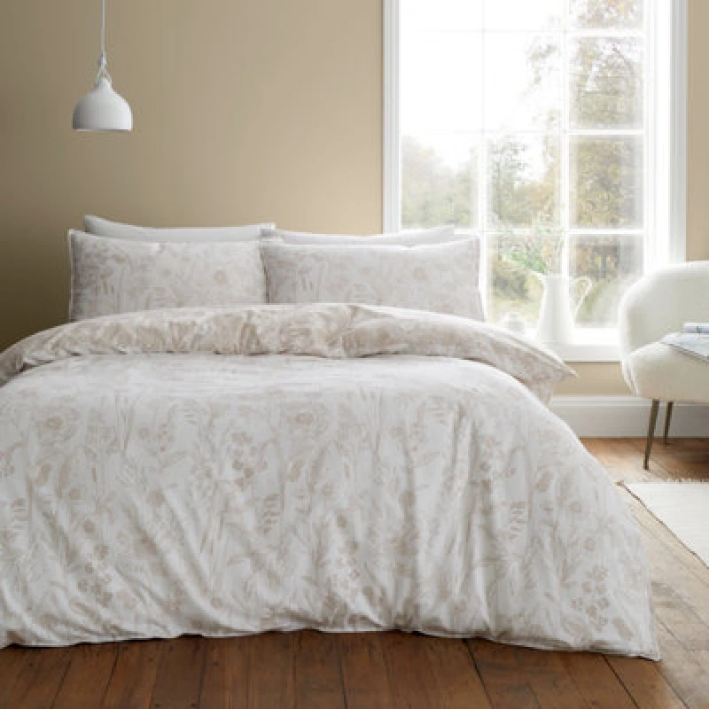 Image of Bianca Brushed Cotton Floral Toile Reversible Duvet Cover Set With Pillowcase Natural