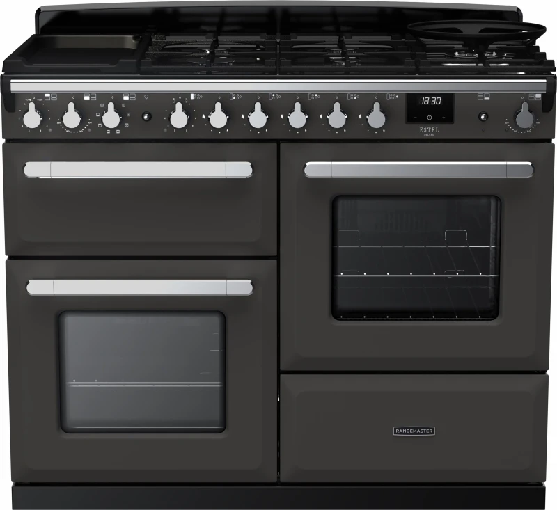 Image of Rangemaster Estel Deluxe ESDLO110DFPSLT/CM1 110cm Dual Fuel Range Cooker - Slate / Chrome - A/A Rated