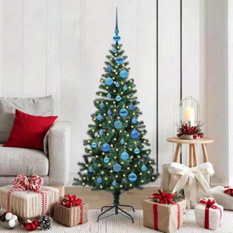 Image of vidaXL Artificial Pre-lit Christmas Tree with Blue Balls Green 150cm PVC and Metal, Green 3396756