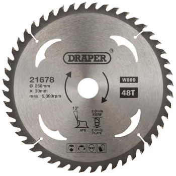 Image of 21678 TCT Circular Saw Blade for Wood 250 x 30mm 48T - Draper