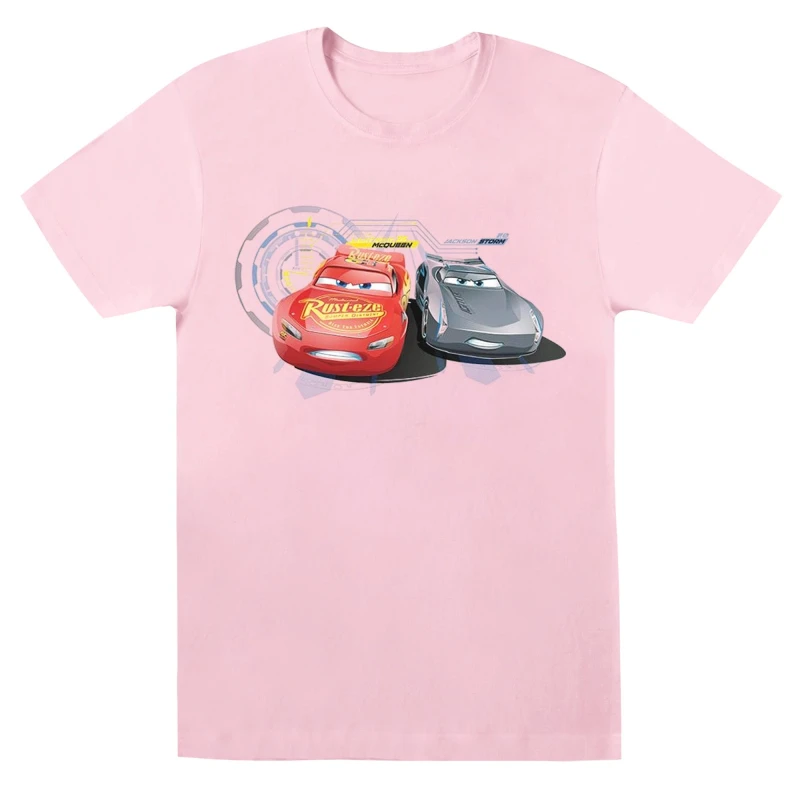 Image of Disney Men Cars Lightning Vs Storm T-Shirt in Baby Pink Size: Small Baby Pink S Male 5059568311160
