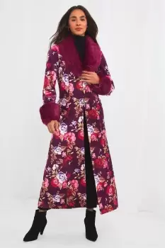 Image of Faux Fur Neck and Cuff Floral Boutique Coat