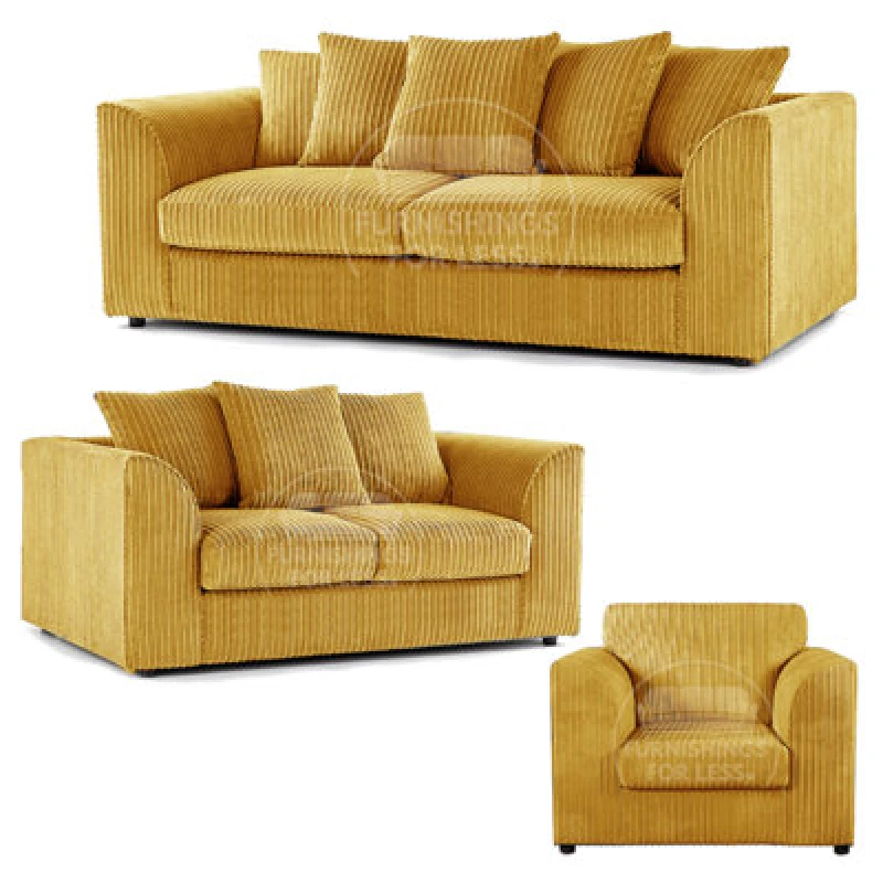 Image of Furnishings For Less UK Luxor Jumbo Cord 3 + 2 + 1 Fabric 3 Piece Sofa Suite - Scatter Back Mustard