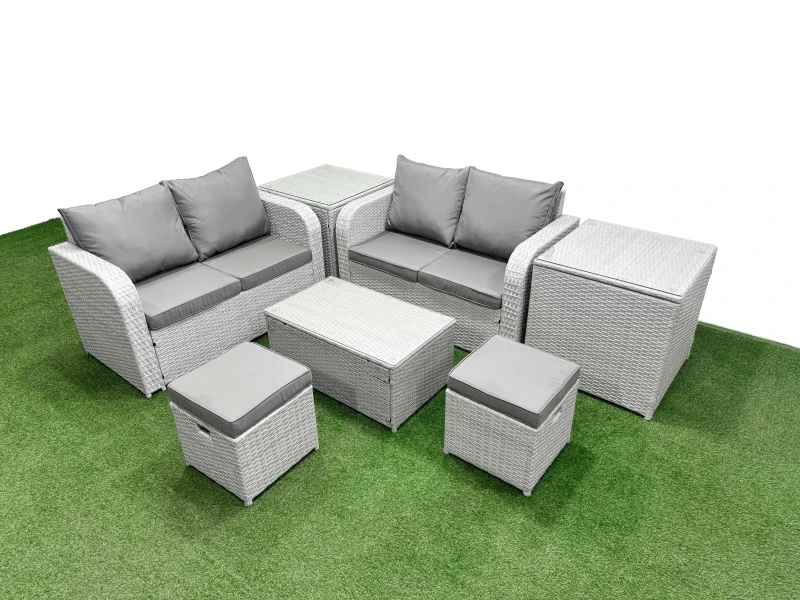 Image of Fimous 6 Seater Outdoor Love Sofa Set Rattan Garden Furniture Set with Rectangular Coffee Table 2 Small Stools 2 Side Tables Light Grey Light Grey