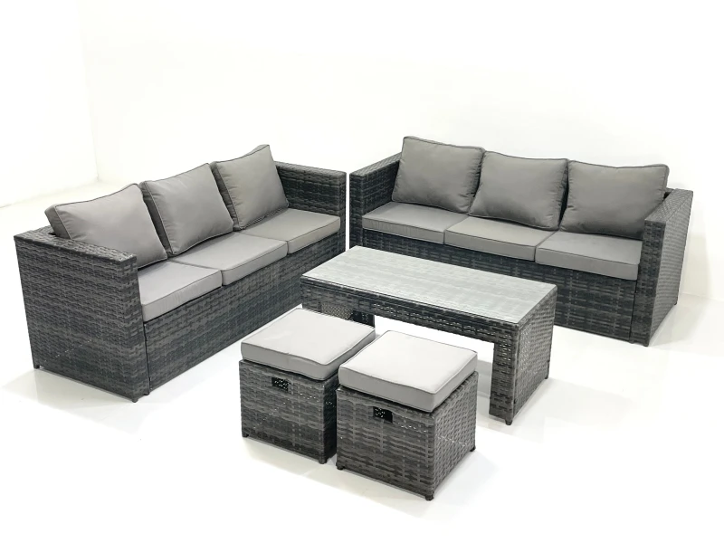 Image of Fimous Garden Outdoor Rattan Furniture Set with Sofa Coffee table 2 Small Footstools Dark Grey Mixed Dark Grey