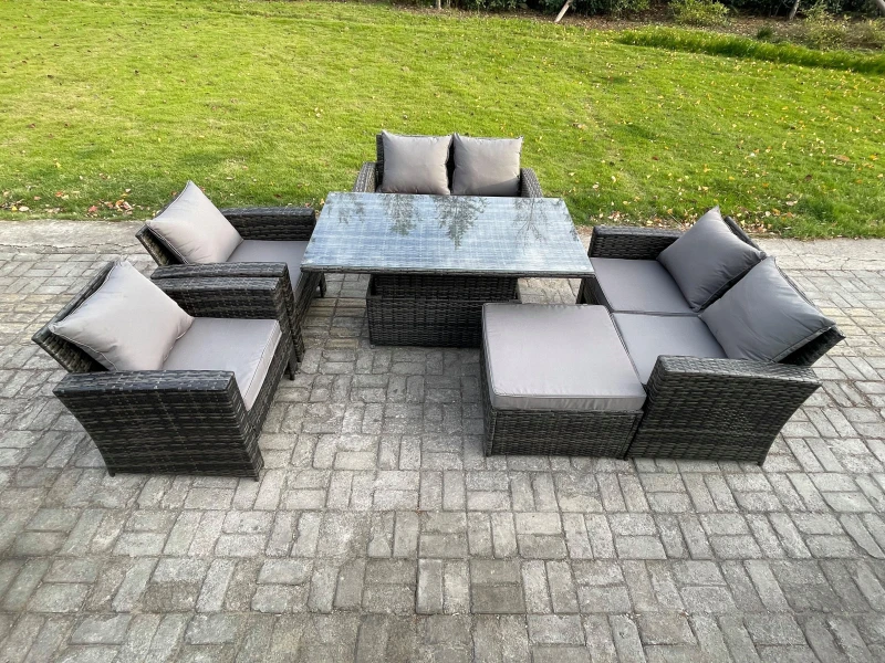 Image of Fimous Rattan Garden Furniture Sets 7 Seater Patio Outdoor Rising Lifting Table Sofa Set with Double Seat Sofa Big Footstool in Dark Grey Dark Grey Un
