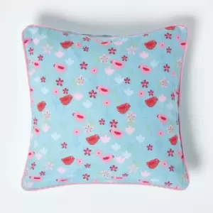 Image of Cotton Birds and Flower Cushion Cover, 45 x 45cm - Blue - Homescapes