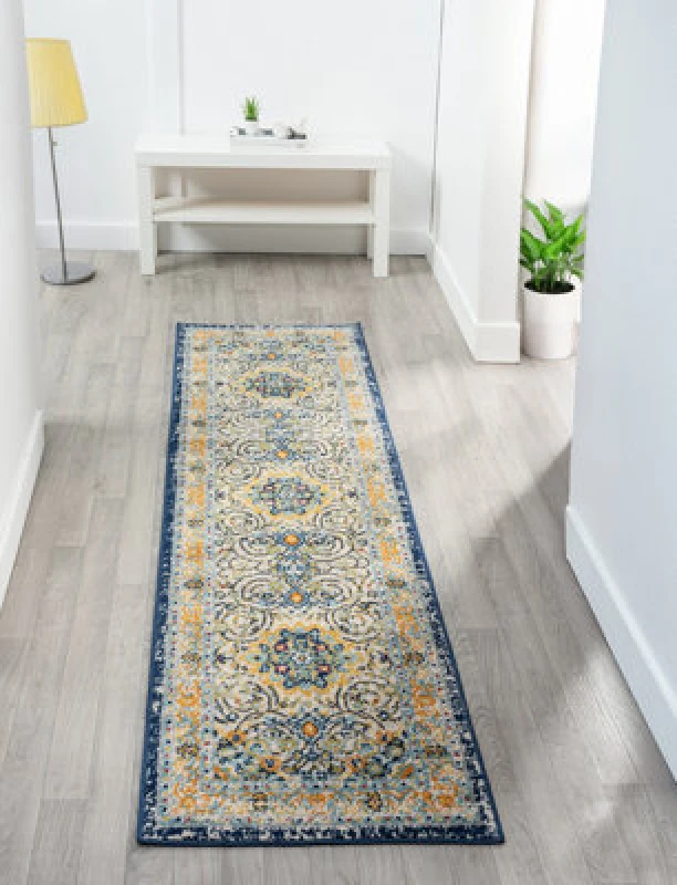 Image of San Marino Living Room Area Rug - Low Pile Medallion Floral Design Muti Coloured 60Cm X 220Cm