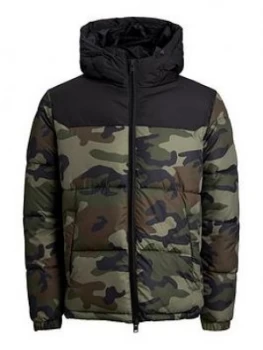 Image of Jack & Jones Junior Boys Camo Print Hooded Padded Coat - Camouflage