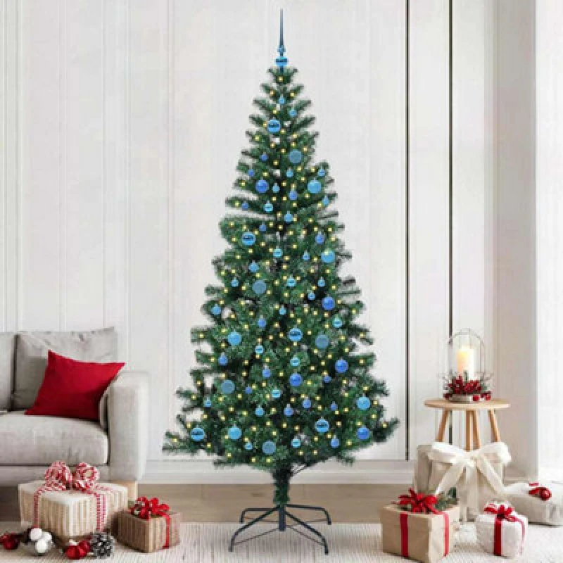 Image of vidaXL Artificial Pre-lit Christmas Tree with Blue Balls Green 240cm PVC and Metal, Green 3396795